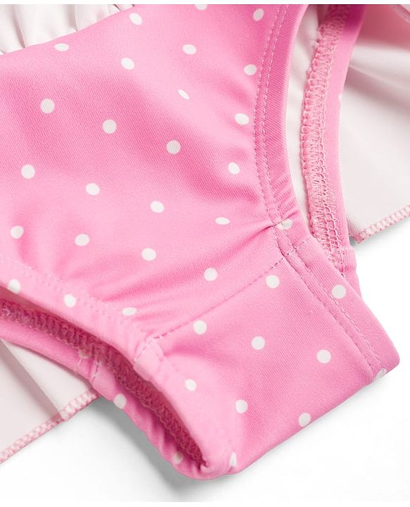 Babyhug Water Repellant Sleeveless Frock Swimsuit with Polka Dots Print & Bow Applique - Pink
