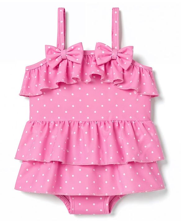 Babyhug Water Repellant Sleeveless Frock Swimsuit with Polka Dots Print & Bow Applique - Pink
