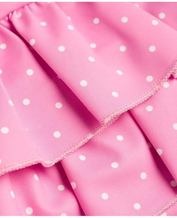 Babyhug Water Repellant Sleeveless Frock Swimsuit with Polka Dots Print & Bow Applique - Pink
