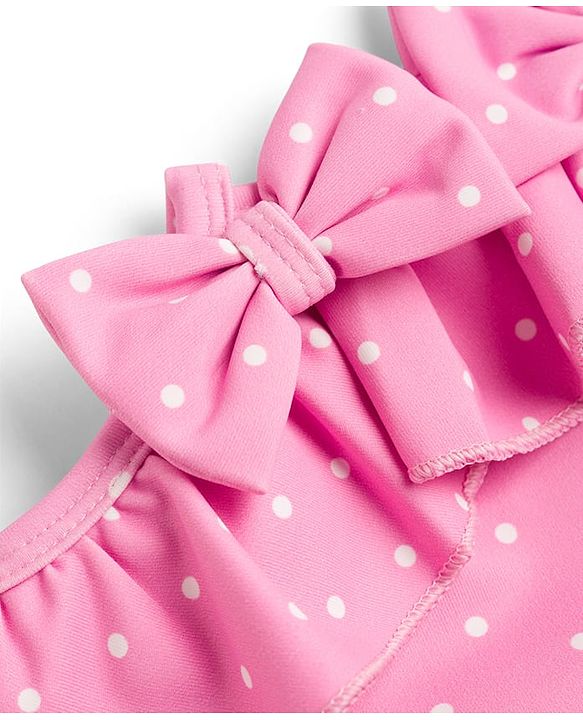 Babyhug Water Repellant Sleeveless Frock Swimsuit with Polka Dots Print & Bow Applique - Pink