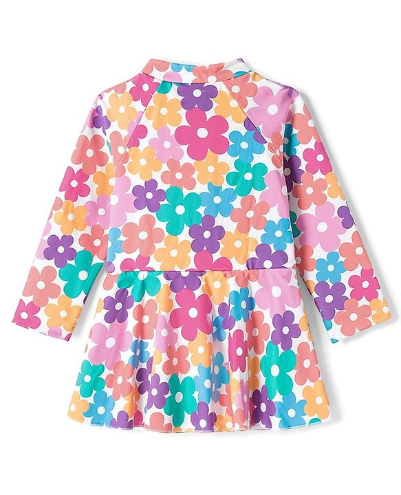 Babyhug Water Repellant Raglan Full Sleeves Frock Swimsuit with Floral Print - Multicolour