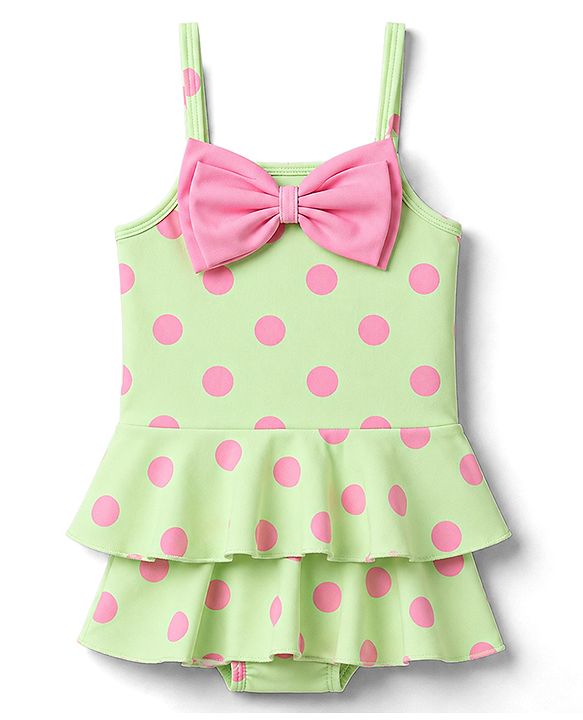 Babyhug Water RepellantLycra Sleeveless Frock Swimsuit With Polka Dots Print & Bow Applique - Green