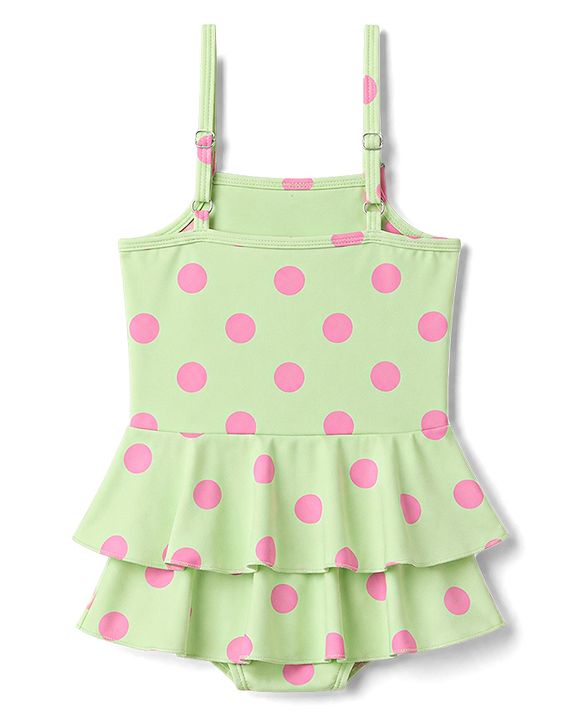Babyhug Water RepellantLycra Sleeveless Frock Swimsuit With Polka Dots Print & Bow Applique - Green