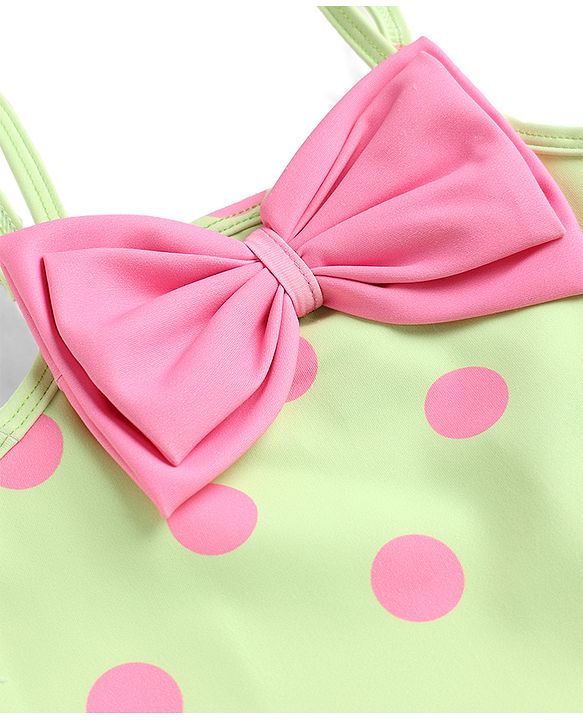 Babyhug Water RepellantLycra Sleeveless Frock Swimsuit With Polka Dots Print & Bow Applique - Green