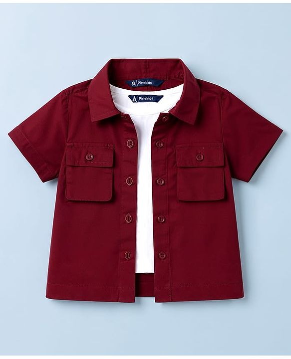 Pine Kids 100% Cotton Woven Half Sleeves Solid Shirt Style Top With Inner Tee - Wine