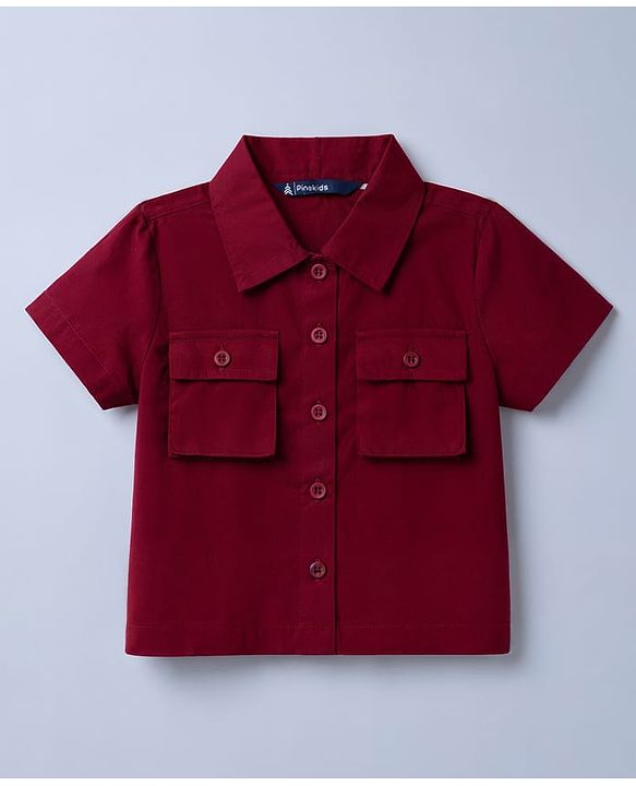 Pine Kids 100% Cotton Woven Half Sleeves Solid Shirt Style Top With Inner Tee - Wine