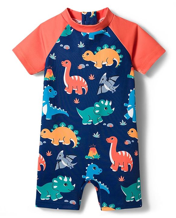 Babyhug Water Repellent Half Raglan Sleeves Legged Swimsuit with Dino Print - Navy Blue