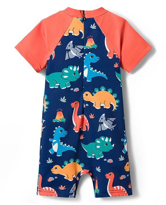 Babyhug Water Repellent Half Raglan Sleeves Legged Swimsuit with Dino Print - Navy Blue