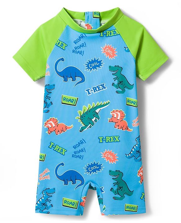 Babyhug Water Repellent Half Raglan Sleeves Legged Swimsuit with Dino Print - Blue