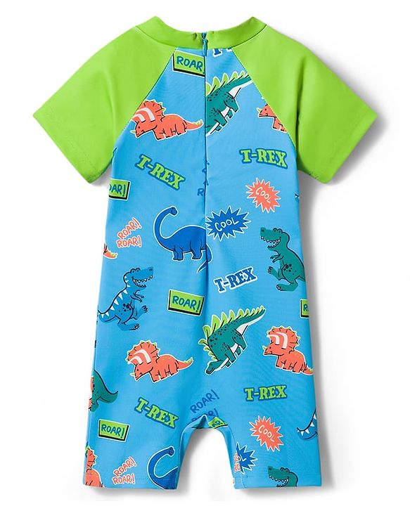 Babyhug Water Repellent Half Raglan Sleeves Legged Swimsuit with Dino Print - Blue