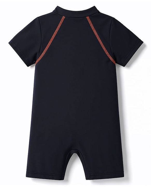 Babyhug Water Repellent Half  Raglan Sleeves Legged Swimsuit With Text Print- Black