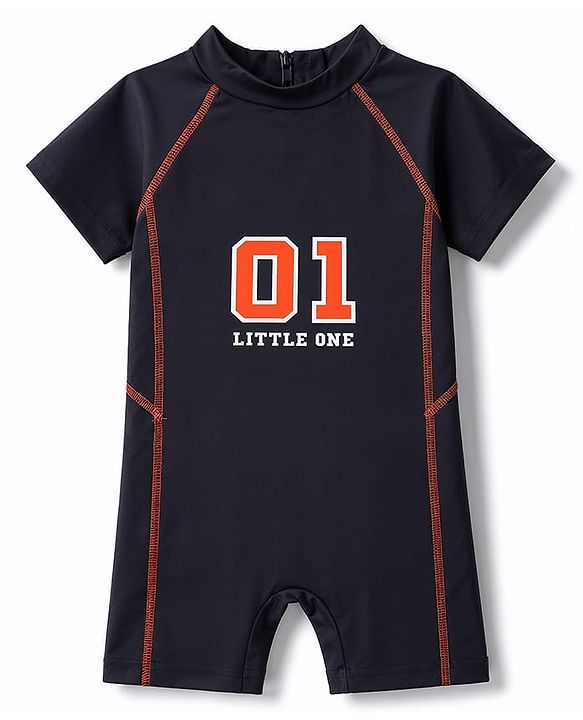 Babyhug Water Repellent Half  Raglan Sleeves Legged Swimsuit With Text Print- Black