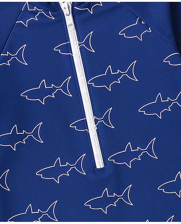 Babyhug Water Repellant  Raglan Sleeves Legged Swimsuit With Shark Print - Navy Blue