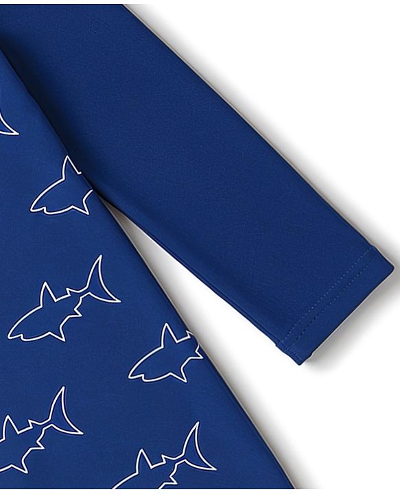 Babyhug Water Repellant  Raglan Sleeves Legged Swimsuit With Shark Print - Navy Blue