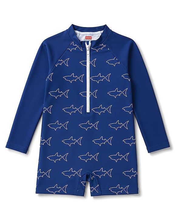 Babyhug Water Repellant  Raglan Sleeves Legged Swimsuit With Shark Print - Navy Blue