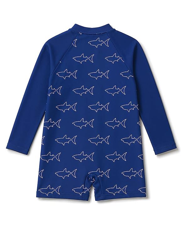 Babyhug Water Repellant  Raglan Sleeves Legged Swimsuit With Shark Print - Navy Blue