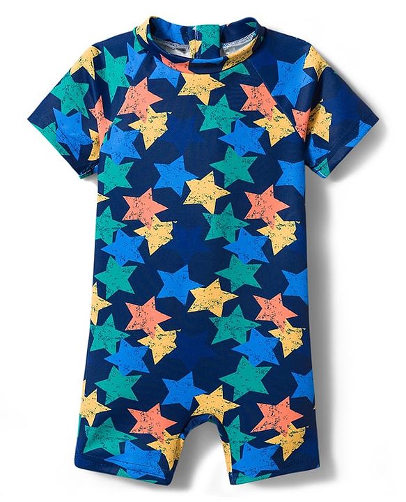 Babyhug Water Repellant Raglan Half  Sleeves Legged Swimsuit Star Print - Navy