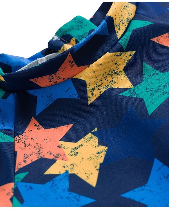 Babyhug Water Repellant Raglan Half  Sleeves Legged Swimsuit Star Print - Navy
