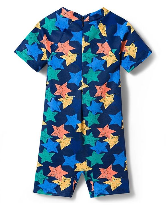 Babyhug Water Repellant Raglan Half  Sleeves Legged Swimsuit Star Print - Navy