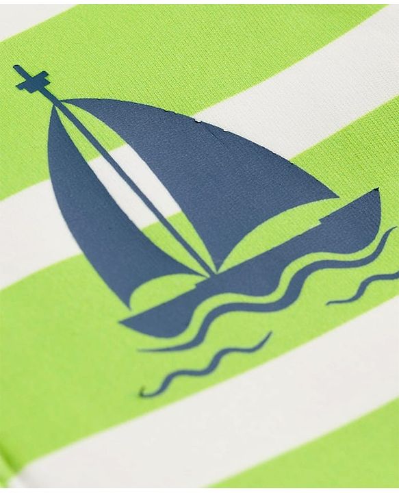 Babyhug Water Repellant Raglan Half  Sleeves Stripped Legged Swimsuit Boat Print - Green