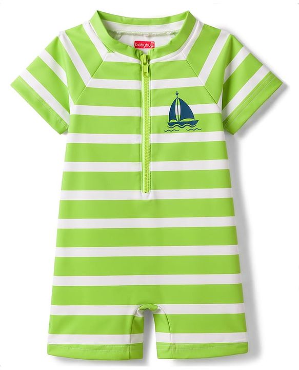 Babyhug Water Repellant Raglan Half  Sleeves Stripped Legged Swimsuit Boat Print - Green