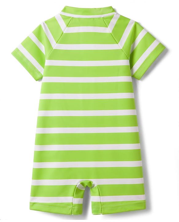 Babyhug Water Repellant Raglan Half  Sleeves Stripped Legged Swimsuit Boat Print - Green