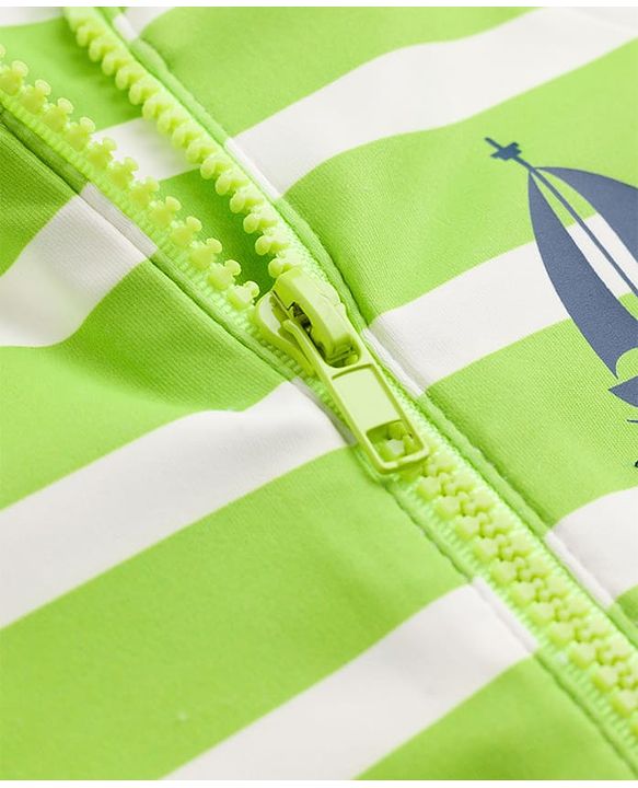 Babyhug Water Repellant Raglan Half  Sleeves Stripped Legged Swimsuit Boat Print - Green