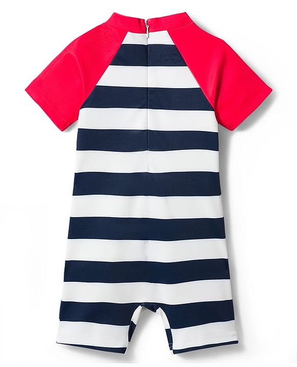Babyhug Water Repellant Raglan Half  Sleeves Stripped Legged Swimsuit Boat Print - Navy