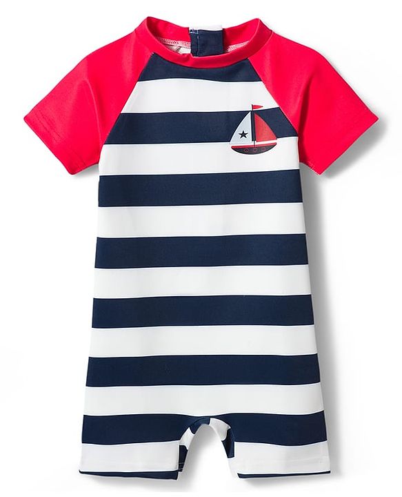 Babyhug Water Repellant Raglan Half  Sleeves Stripped Legged Swimsuit Boat Print - Navy