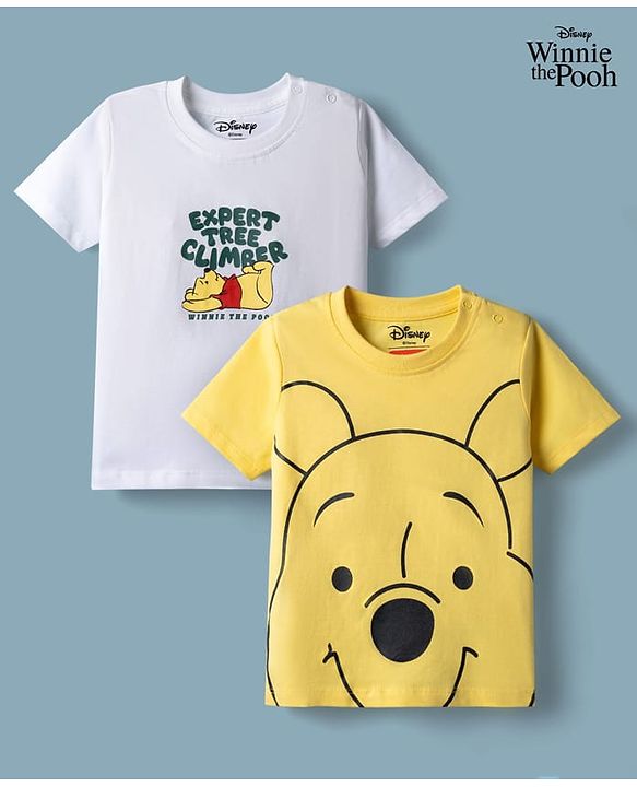 Babyhug Disney Cotton Knit Half Sleeve T-Shirts with Winnie the Pooh Graphics Pack of 2 - White & Yellow