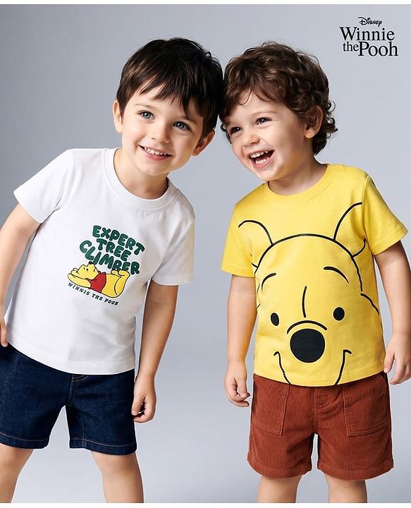 Babyhug Disney Cotton Knit Half Sleeve T-Shirts with Winnie the Pooh Graphics Pack of 2 - White & Yellow