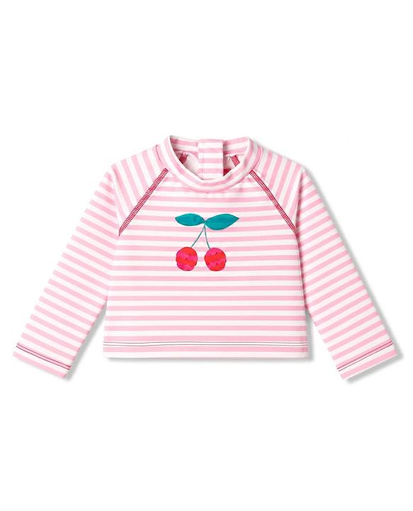 Babyhug Water Repellant Raglan Full Sleeves Two Piece Swimsuit with Stripes & Cherry Print - Red