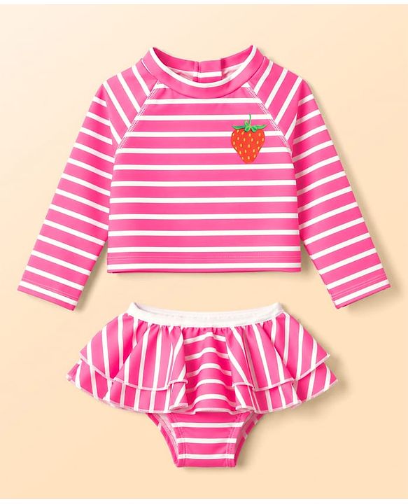 Babyhug Water Repellant Raglan Full Sleeves Two Piece Swimsuit with Stripes & Strawberry Print - Print