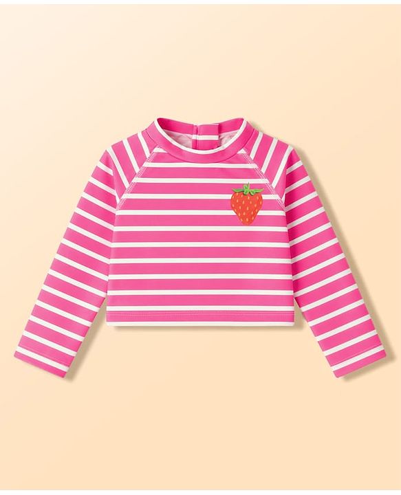 Babyhug Water Repellant Raglan Full Sleeves Two Piece Swimsuit with Stripes & Strawberry Print - Print