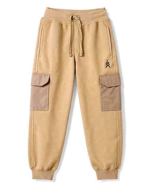 Pine Kids Cotton Knit Full Length Lounge & Track Pants Solid With Embroidery - Beige
