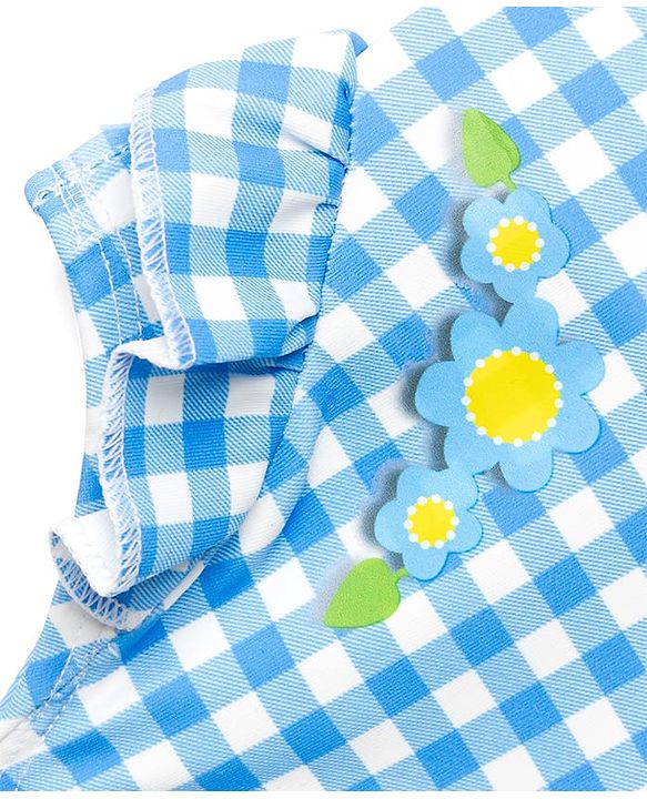 Babyhug Water Repellent Sleeveless Checks V Cut Swimsuit with Floral Print - Light Blue