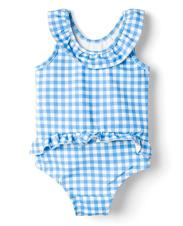 Babyhug Water Repellent Sleeveless Checks V Cut Swimsuit with Floral Print - Light Blue
