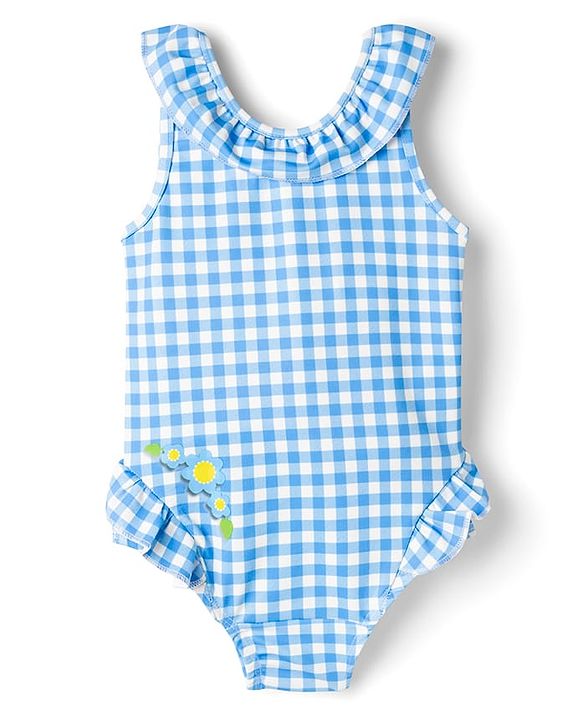 Babyhug Water Repellent Sleeveless Checks V Cut Swimsuit with Floral Print - Light Blue