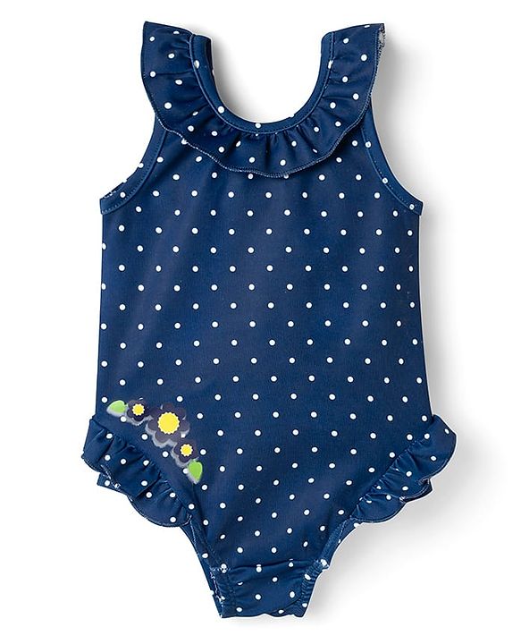 Babyhug Water Repellent Sleeveless Checks V Cut Swimsuit with Floral Print - Navy Blue
