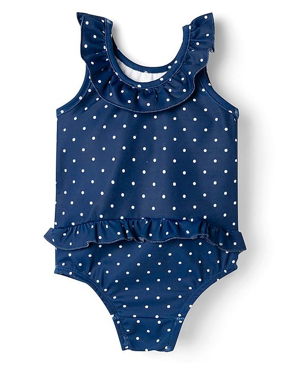 Babyhug Water Repellent Sleeveless Checks V Cut Swimsuit with Floral Print - Navy Blue