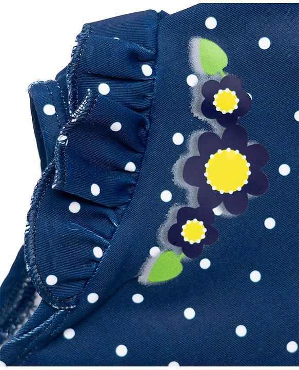 Babyhug Water Repellent Sleeveless Checks V Cut Swimsuit with Floral Print - Navy Blue