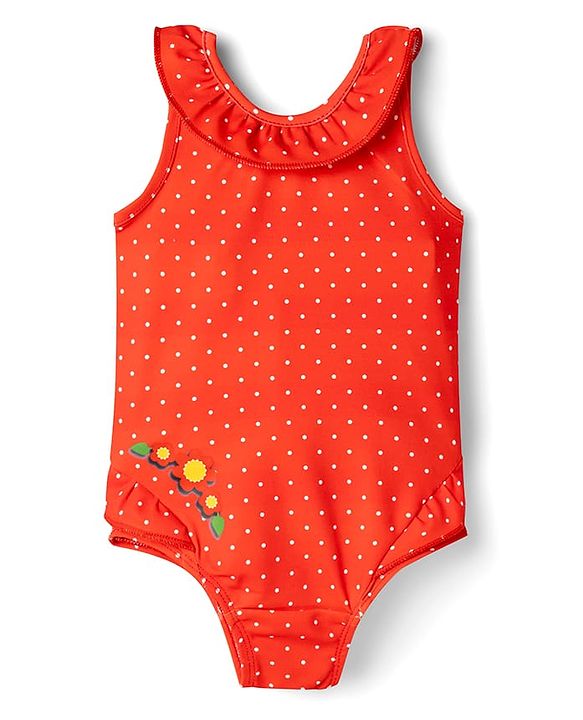 Babyhug Water Repellent Sleeveless V Cut Swimsuit with Polka Dot Print - Red