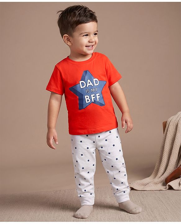 Babyhug 100% Cotton Knit Half Sleeves T-Shirt & Pyjama Night Suit With Star & Text Print - Red