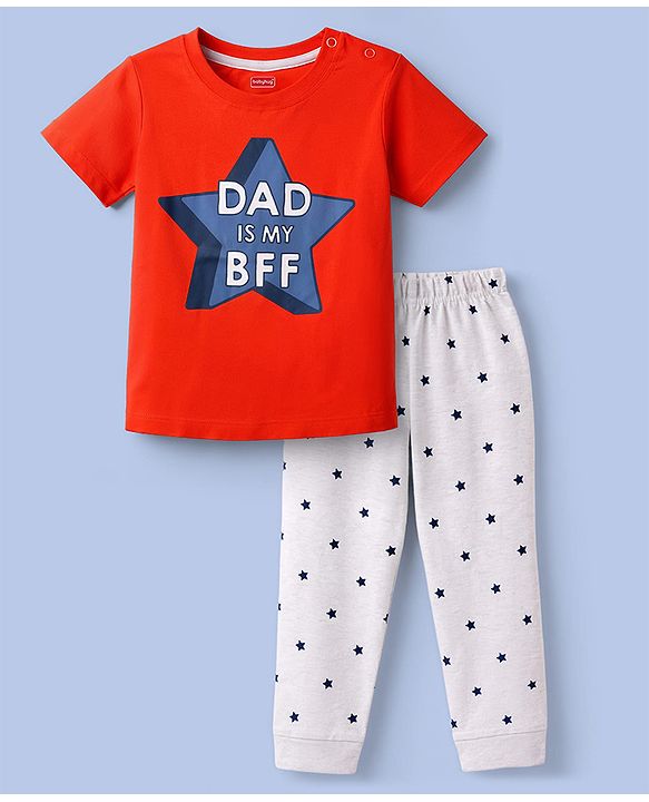 Babyhug 100% Cotton Knit Half Sleeves T-Shirt & Pyjama Night Suit With Star & Text Print - Red