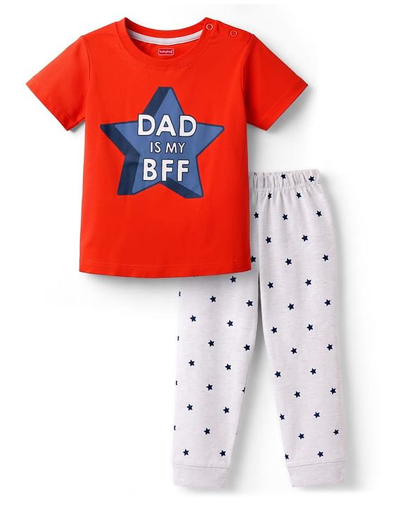 Babyhug 100% Cotton Knit Half Sleeves T-Shirt & Pyjama Night Suit With Star & Text Print - Red
