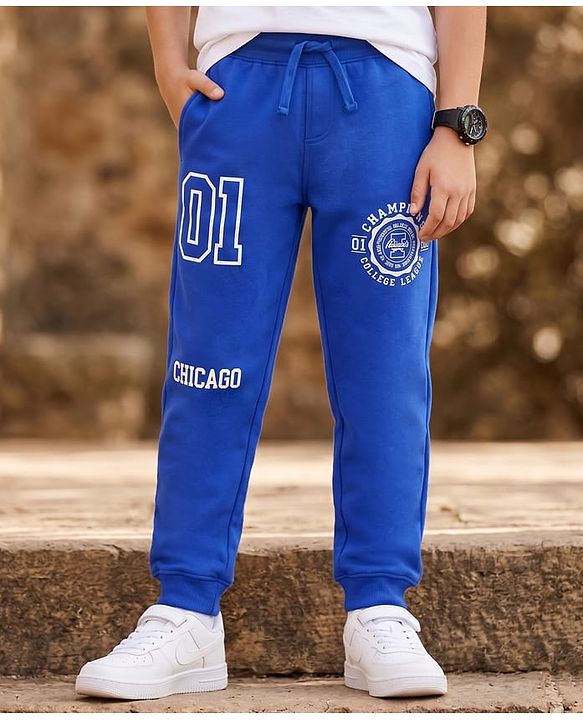 Pine Kids Cotton Knit Full Length Text Printed Lounge Pant - Blue