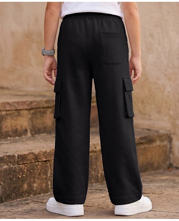 Pine Kids Cotton Knit Full Length Solid Lounge Pant With Cargo Pockets - Black