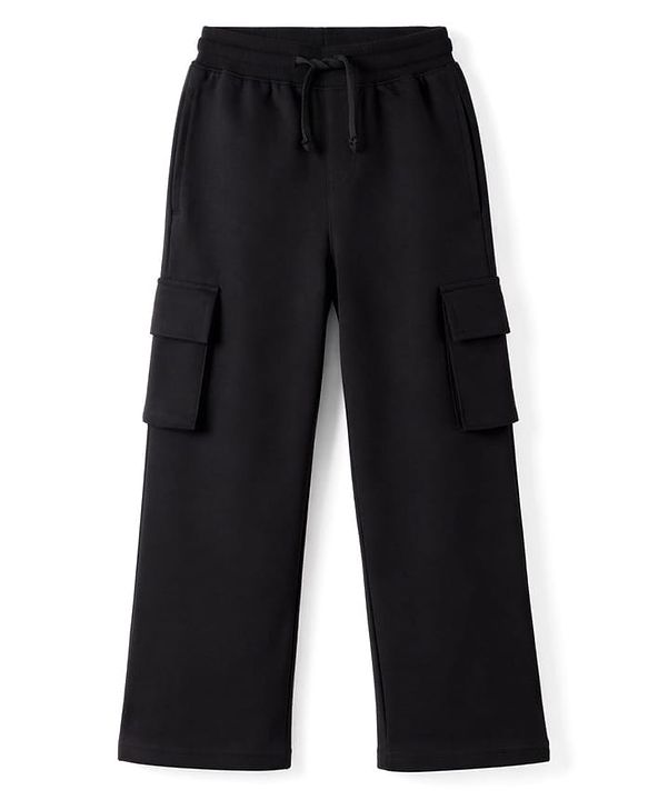 Pine Kids Cotton Knit Full Length Solid Lounge Pant With Cargo Pockets - Black