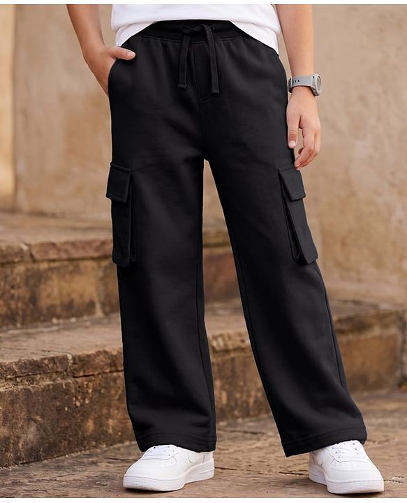 Pine Kids Cotton Knit Full Length Solid Lounge Pant With Cargo Pockets - Black