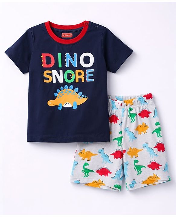 Babyhug Cotton Knit Half Sleeves T-Shirt & Shorts Night Suit With Dino Print - Blue
